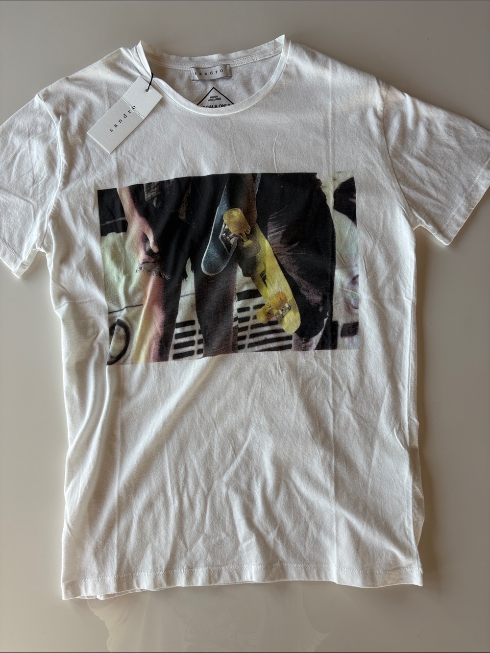 Sandro x Hugh Holland Locals Only White Tee with Yellow Skateboard Graphic